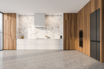 Bright kitchen room interior with cupboard, refrigerator, electric cooker