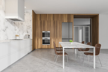 Bright kitchen room interior with cupboard, refrigerator, electric cooker