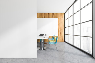 Bright office room interior with meeting board, white empty poster