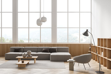 Modern relaxing room interior with sofa and armchair with shelf near window