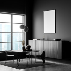 Empty frame in dark grey living room with dining table. Corner view.