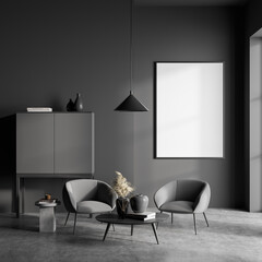 Dark living room interior with empty white poster, grey armchairs