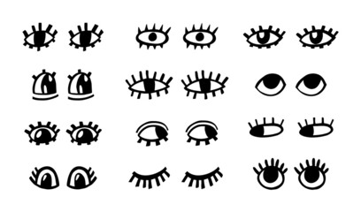 Crazy eyes. Doodle open eye set. Abstract hand drawn fun geometric collection. Vector black elements