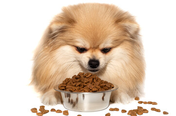 Pomeranian spitz isolate. The dog eats dry food from a bowl. Dog food