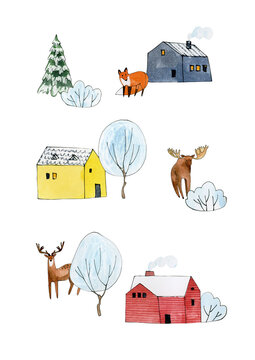 woodland animals clipart, watercolor winter snow forest card, wonderland cabin nursery christmas printable poster, fox deer elk