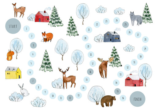 kids game with woodland animal clipart, watercolor winter wonderland board game, christmas scene creator clipart, forest landscape with houses clip art