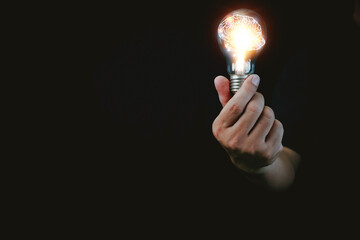 Light bulb with brain inside the hands of the businessman, Creative new business idea concept, Creative The brain in the light bulb, The concept of the business idea.