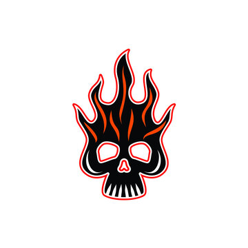 skull skeleton on fire flame logo design