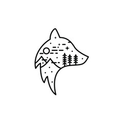 wolf fox line art with mountains landscape logo design © Roossoo