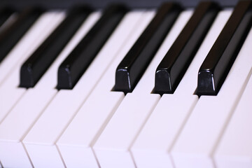 Old piano keys. close up view.effect back and white color, musical instrument background concept