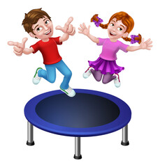 Kids Jumping On A Round Cartoon Trampoline