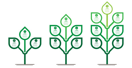 Business presentation with 3 steps or processes. Info graphic. Set of Vertical infographics or timelines with 3, 5 and 7 parts. Trees with leaves. Development and growth of the green technology.