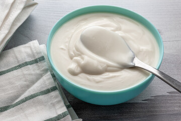 greek yogurt in ceramic bowl, dairy free, gluten free, probiotic food for good gut health