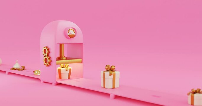 3d minimalistic presents factory cartoon loop animation. How money magic transform into presents. Coins money bag dollars on manufactory become gifts Pink and gold celebration. Valentine's day concept