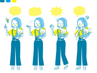 赤ちゃんを抱っこする若いママの表情セット