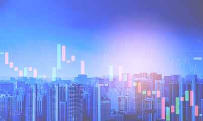 City building view with trading graph, financial investment concept use for background