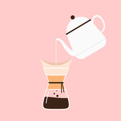 Preparing Coffee using chemex pour over coffee maker and drip kettle. Coffee making cartoon vector.