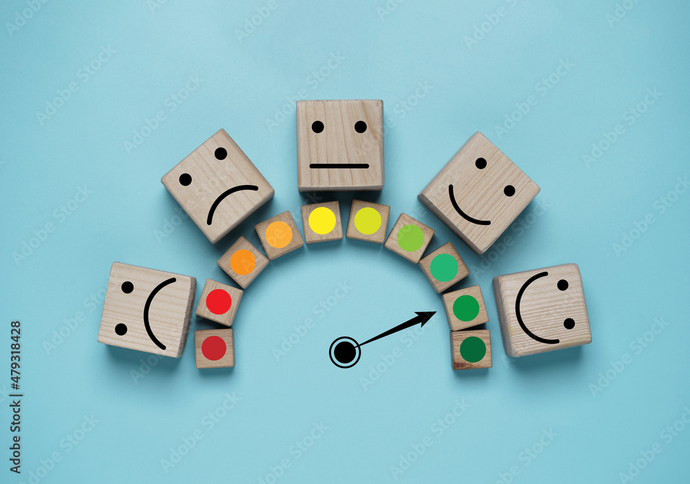 Poster Customer evaluation indicator rating print screen wooden cube block since low to high on blue background for client satisfaction after use product and service  concept.