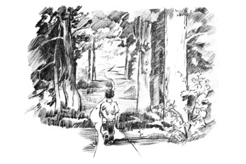 Boy walking forest trail illustration - 479318414