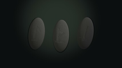 Three scandinavian oval runas in stones predicting fate placed over green background with mysterious lightning