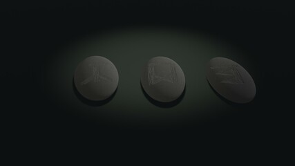 Three scandinavian oval runas in stones predicting fate placed over green background with mysterious lightning