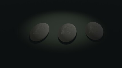 Three scandinavian oval runas in stones predicting fate placed over green background with mysterious lightning
