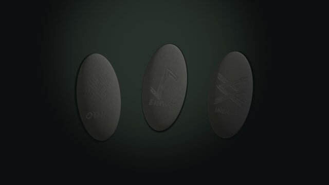 Three scandinavian oval runas in stones predicting fate placed over green background with mysterious lightning