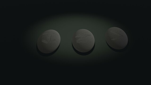 Three scandinavian oval runas in stones predicting fate placed over green background with mysterious lightning