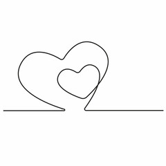 Continuous line drawing two hearts. Black line minimalistic illustration of love concept. Continuous doodle.
