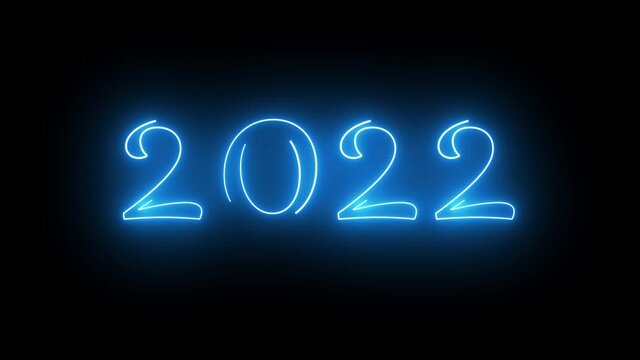 Happy New Year. Blue neon light background, glowing flashing 2022 neon text background.
