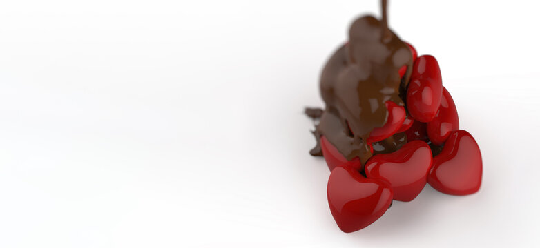 3d render chocolate syrup leaking melting over red heart shape symbol on white background