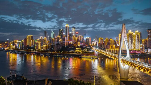 4k time lapse. panoramic city skyline and modern commercial buildings in Chongqing at night, China. 