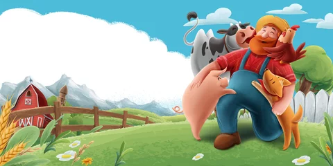 Foto op Plexiglas illustrated landscape of a farm with cow pig dog chicken farmer © mollicart