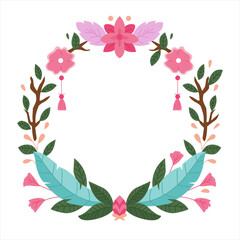 vintage Boho wreath frame with flower and leaves and feathers, suitable for wedding invitation, banner, greeting card template and business card and poster. Hand drawn vector illustration.