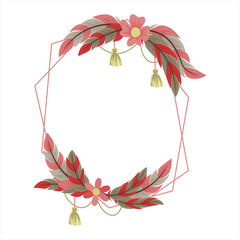 vintage Boho wreath frame with flower and leaves and feathers, suitable for wedding invitation, banner, greeting card template and business card and poster. Hand drawn vector illustration.