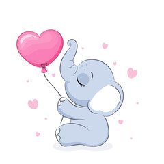 Cute elephant with hearts, dreaming with his eyes closed. Valentine's day. Vector illustration of a cartoon.