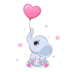 Cute elephant with hearts. Valentine's day. Vector illustration of a cartoon.