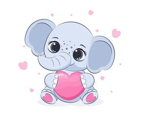 A cute elephant holds a heart in his hands. Valentine's day. Vector illustration of a cartoon.