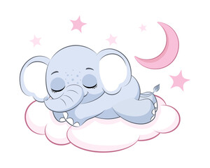 Cute elephant girl sleeping on a cloud. Vector illustration of a cartoon.
