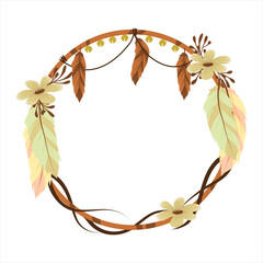vintage Boho wreath frame with flower and leaves and feathers, suitable for wedding invitation, banner, greeting card template and business card and poster. Hand drawn vector illustration.