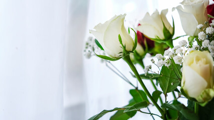 Fresh, lush bouquet of white roses. Window background. Happy birthday, valentines day or women's day 8 march concept.