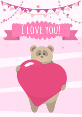 Baby card with a cute bear and a heart. Card for a girl in pink colors with stars and flags. I love you lettering. Flat style illustration in vertical format.