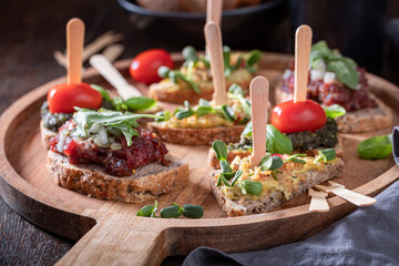 Healthy bruschetta made of fresh ingredients for breakfast