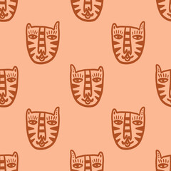 Cute tigers childish cartoon groovy doodle boho illustration naive funky handdrawn style art seamless pattern vector