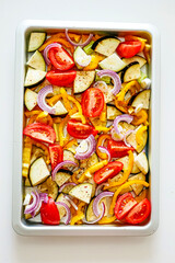 Oven Baking Vegetables, Peppers, Zucchini, Tomatoes on a Baking Tray, Sheet Pan Vegetables...