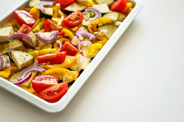 Oven Baking Vegetables, Peppers, Zucchini, Tomatoes on a Baking Tray, Sheet Pan Vegetables Background