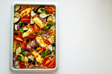 Grilled Halloumi Cheese with Baked Vegetables, Sheet Pan Cheese Vegetables 