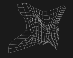 Cyber distorted grid, retro punk design element. Wireframe wave geometry grid on black background. Vector illustration - obrazy, fototapety, plakaty