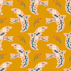 Spring birds childish cartoon groovy doodle boho illustration naive funky handdrawn style art seamless pattern vector