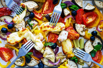 Grilled Halloumi Cheese with Baked Vegetables, Sheet Pan Cheese Vegetables  close up